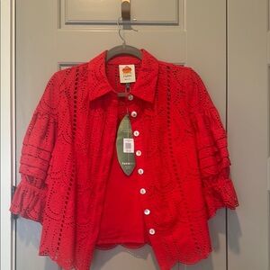 Farm Rio Pineapple Eyelet Red Eyelet Button-Up Blouse with tank